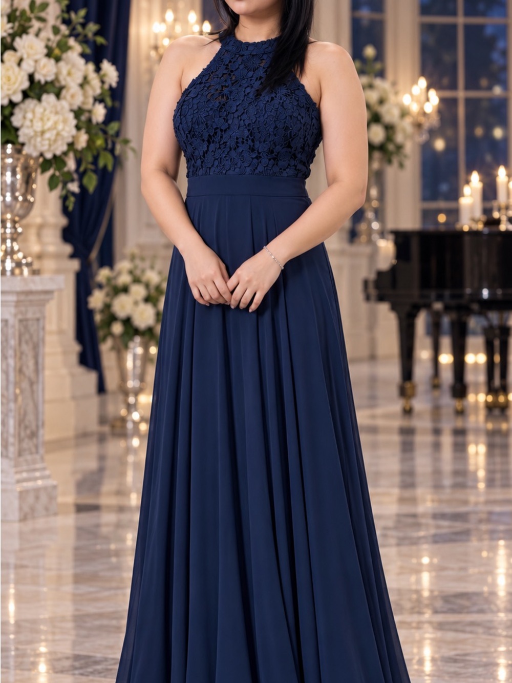 Lulu's Navy Floral Lace Halter Maxi Dress